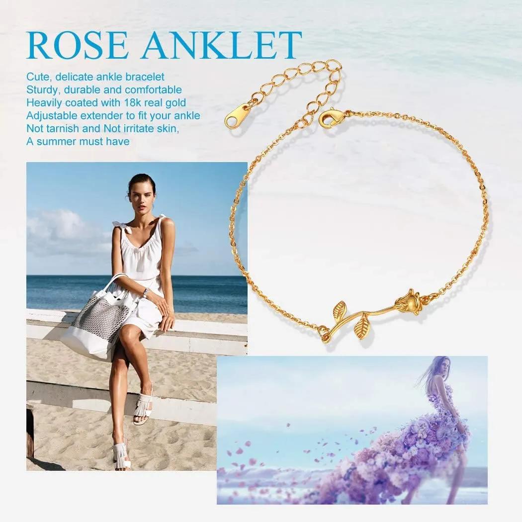 Suplight Dainty Heart/Rose Flower/Figaro Link Chain Anklet, Stainless Steel/18K Gold Plated Sturdy Waterproof Summer Beach Foot Chain for Women (with Gift Box)