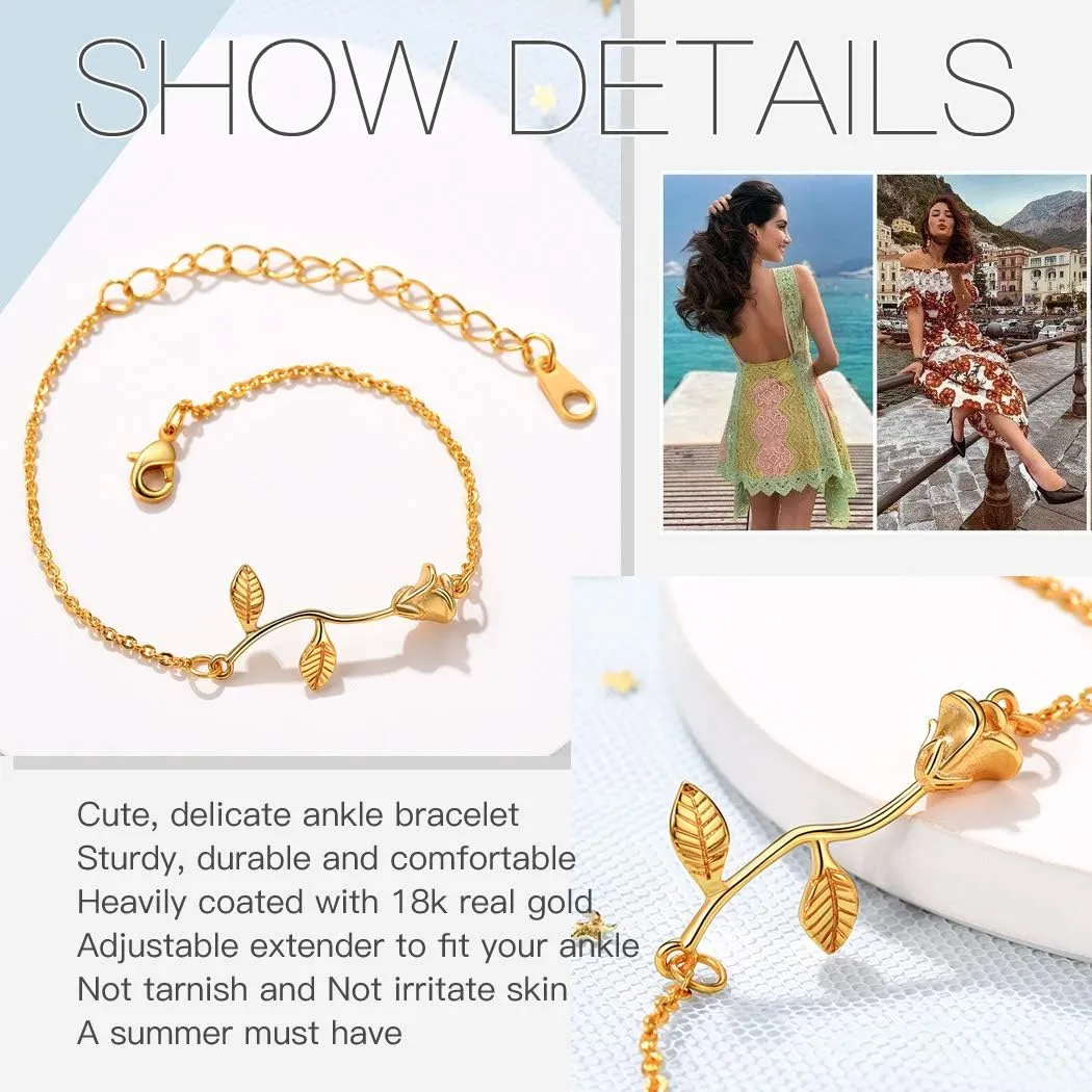 Suplight Dainty Heart/Rose Flower/Figaro Link Chain Anklet, Stainless Steel/18K Gold Plated Sturdy Waterproof Summer Beach Foot Chain for Women (with Gift Box)