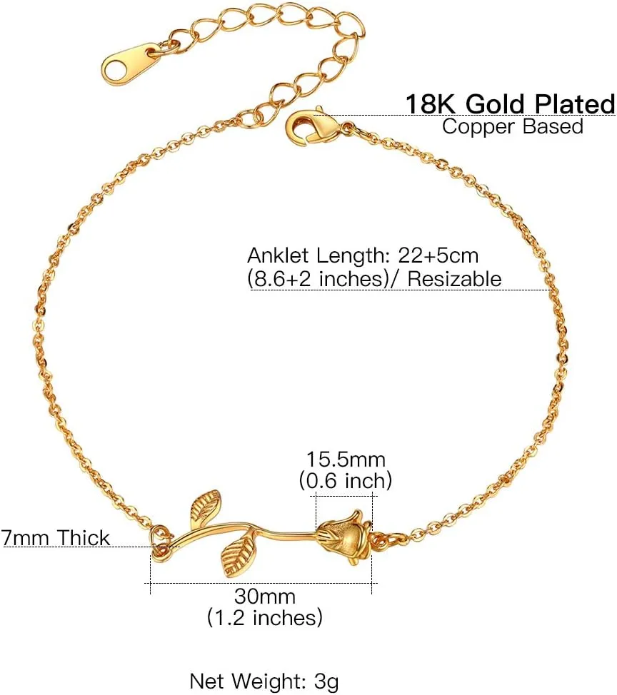 Suplight Dainty Heart/Rose Flower/Figaro Link Chain Anklet, Stainless Steel/18K Gold Plated Sturdy Waterproof Summer Beach Foot Chain for Women (with Gift Box)