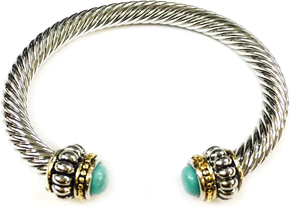 T J Magic Two Tone 7mm Rope Twist Wire Rhodium Plated Bangle Bracelet with Turquoise Cubic Zirconia Crystal Stone