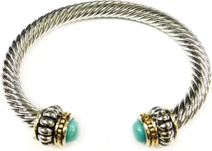 T J Magic Two Tone 7mm Rope Twist Wire Rhodium Plated Bangle Bracelet with Turquoise Cubic Zirconia Crystal Stone