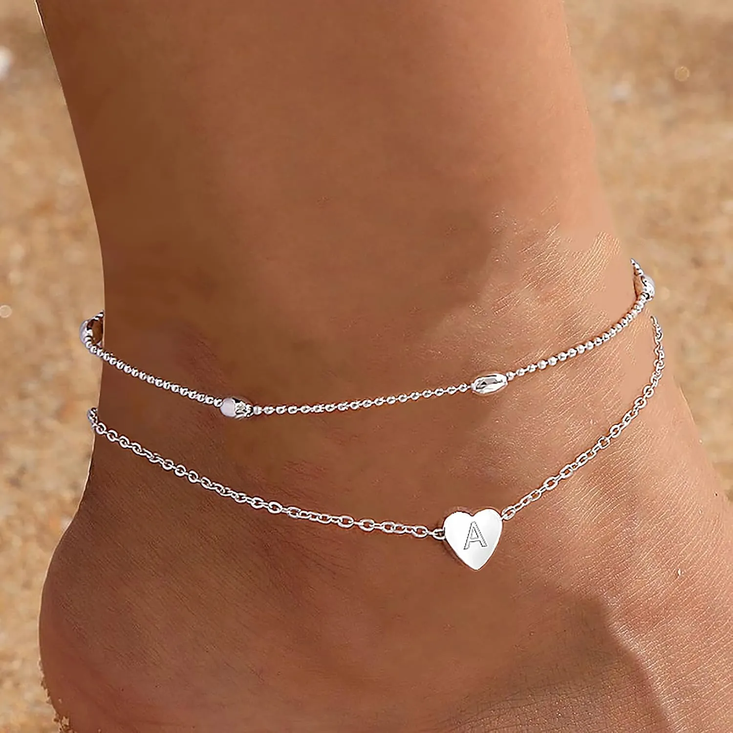 Tasiso Silver Plated Layered Initial Satellite Heart Anklet for Women Handmade Dainty Engraved Letter Beads Boho Ankle Bracelet Minimalist Beach Jewelry