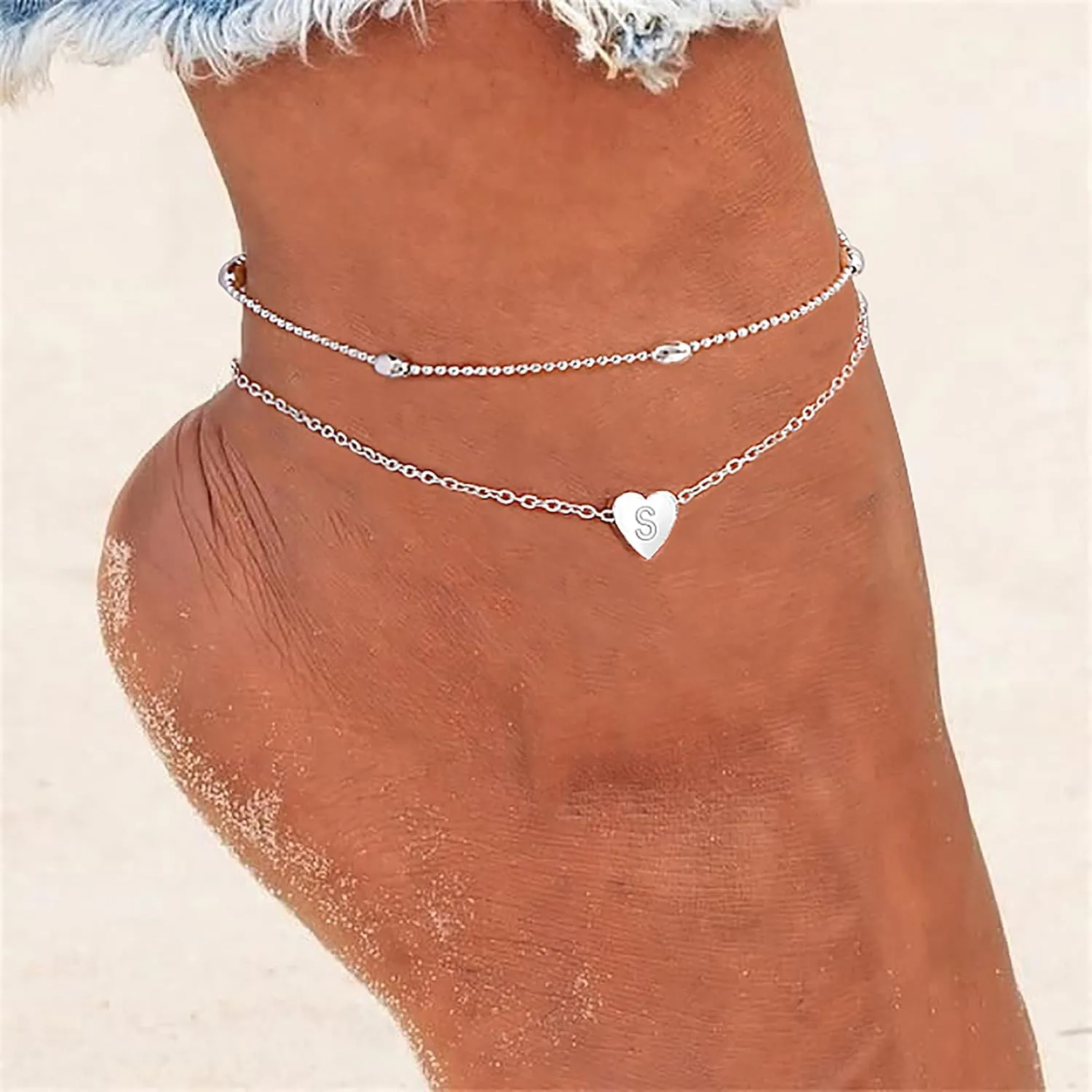 Tasiso Silver Plated Layered Initial Satellite Heart Anklet for Women Handmade Dainty Engraved Letter Beads Boho Ankle Bracelet Minimalist Beach Jewelry