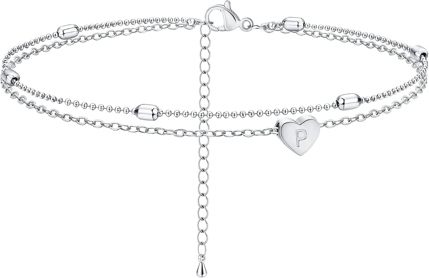 Tasiso Silver Plated Layered Initial Satellite Heart Anklet for Women Handmade Dainty Engraved Letter Beads Boho Ankle Bracelet Minimalist Beach Jewelry