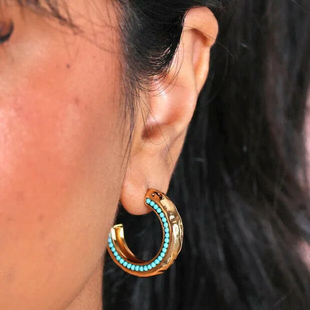Teal Stone Hammered Hoop Earrings in Gold