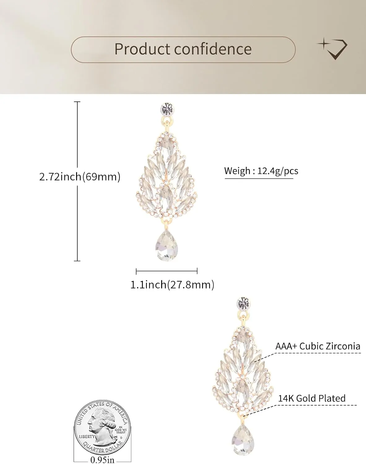 Teardrop Austrian Crystal Dangle Oversized Earrings for Women 14K Glod Jewelry