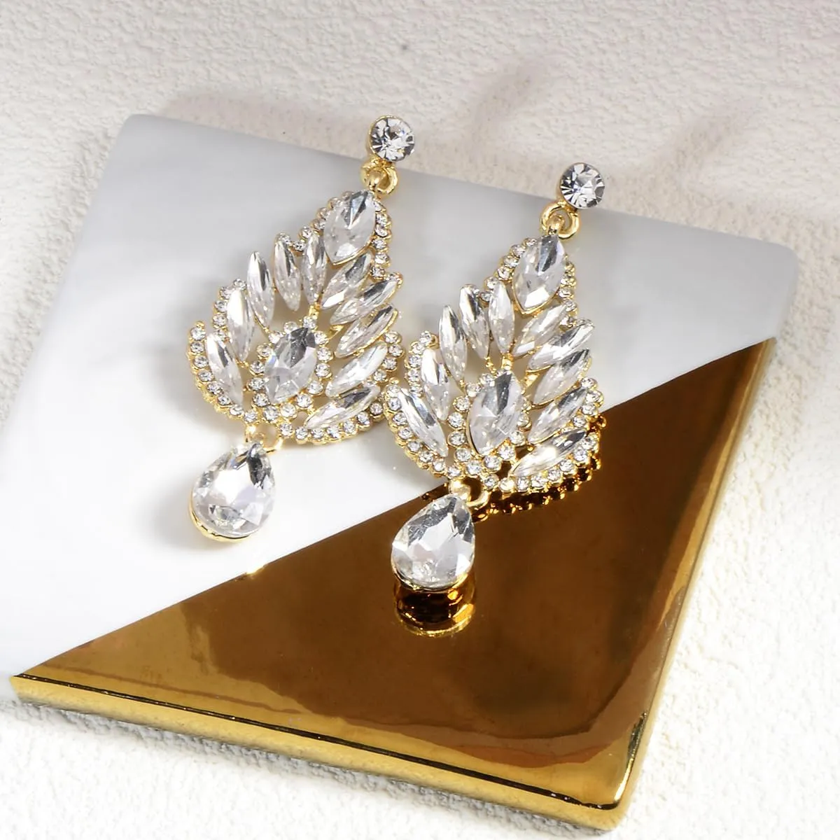 Teardrop Austrian Crystal Dangle Oversized Earrings for Women 14K Glod Jewelry