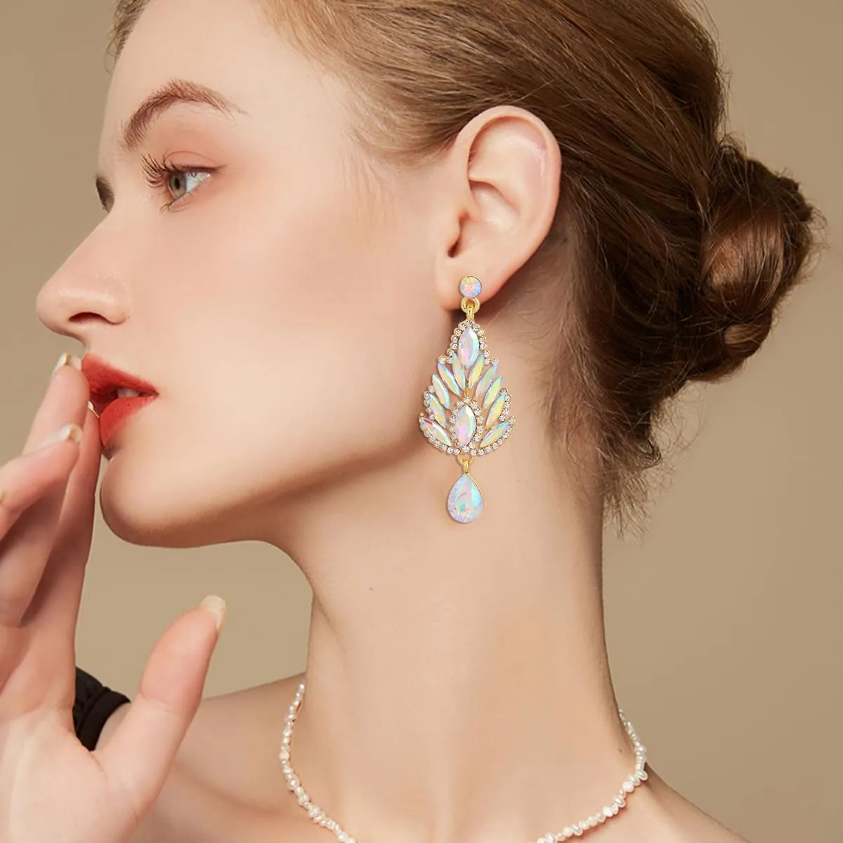 Teardrop Austrian Crystal Dangle Oversized Earrings for Women 14K Glod Jewelry