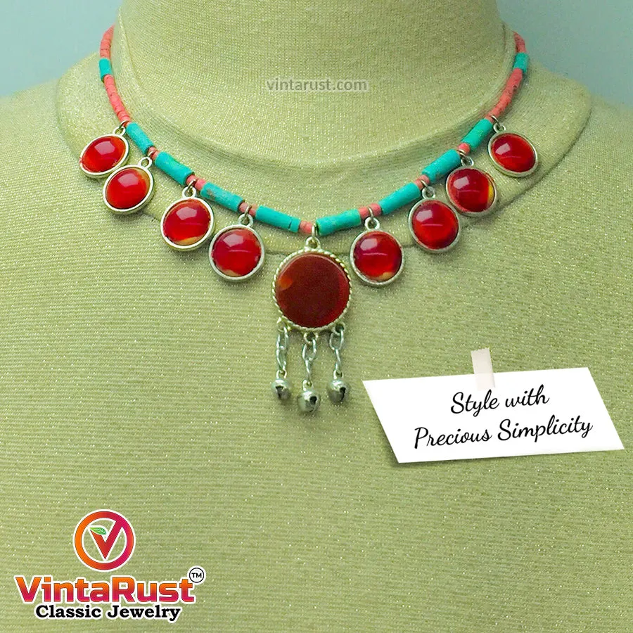 Tribal Beaded Chain Choker Necklace With Glass Stones