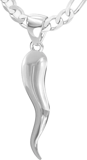 US Jewels Men's Extra Large Heavy Solid Sterling Silver Italian Horn Cornicello Pendant Necklace, 20in to 26in
