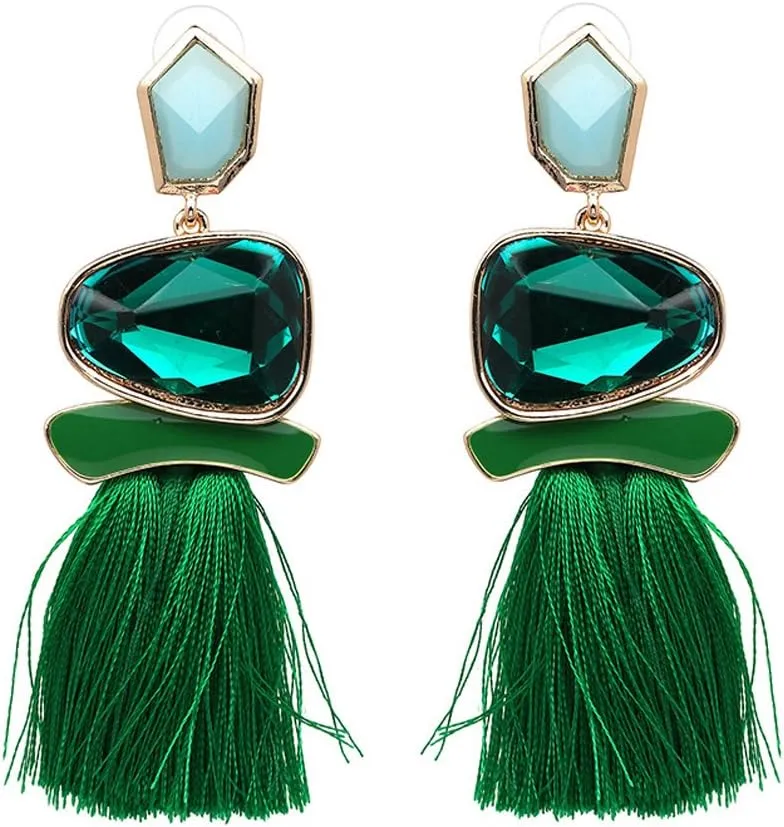 Vintage Drop Dangle Earrings Boho Statement National Style Tassel Earring Rhinestone Rectangle Long Earrings for Women