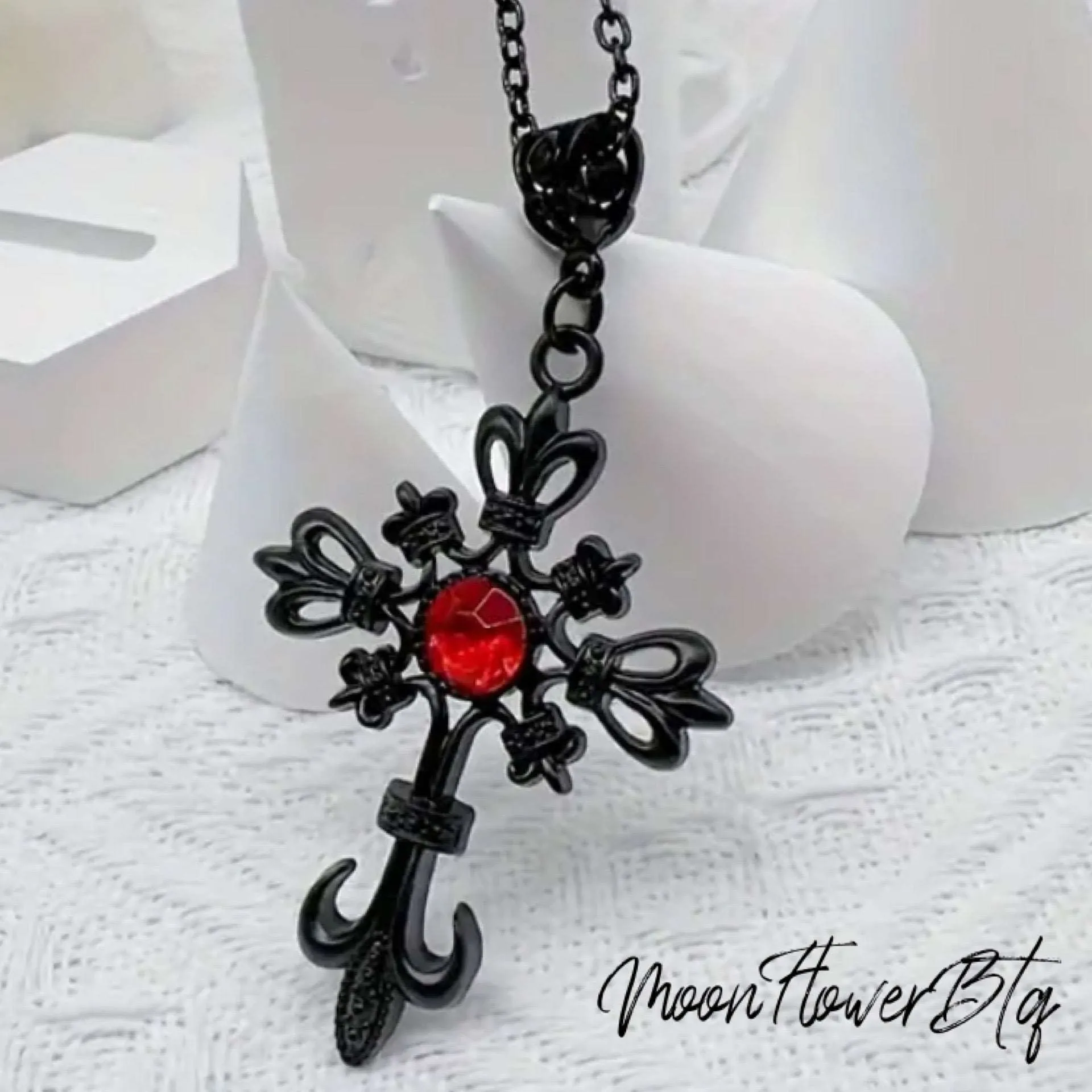 Vintage Gothic Black Red CZ Cross Pendant Necklace