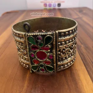 Vintage Kuchi Cuff Bracelet With Multicolor Glass Stones